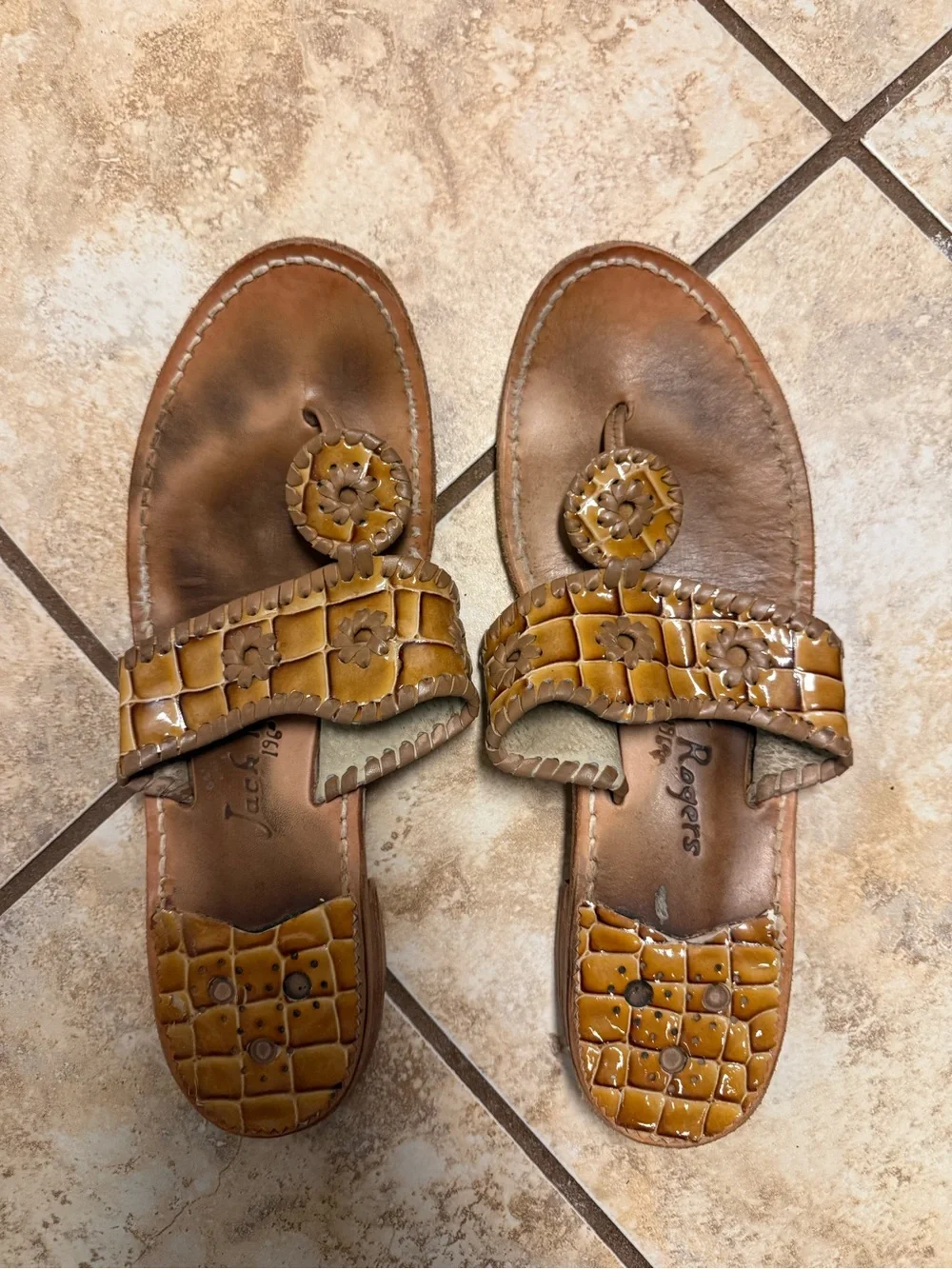 Jack Rogers Brown Croc-Embossed Leather Thong Sandals
